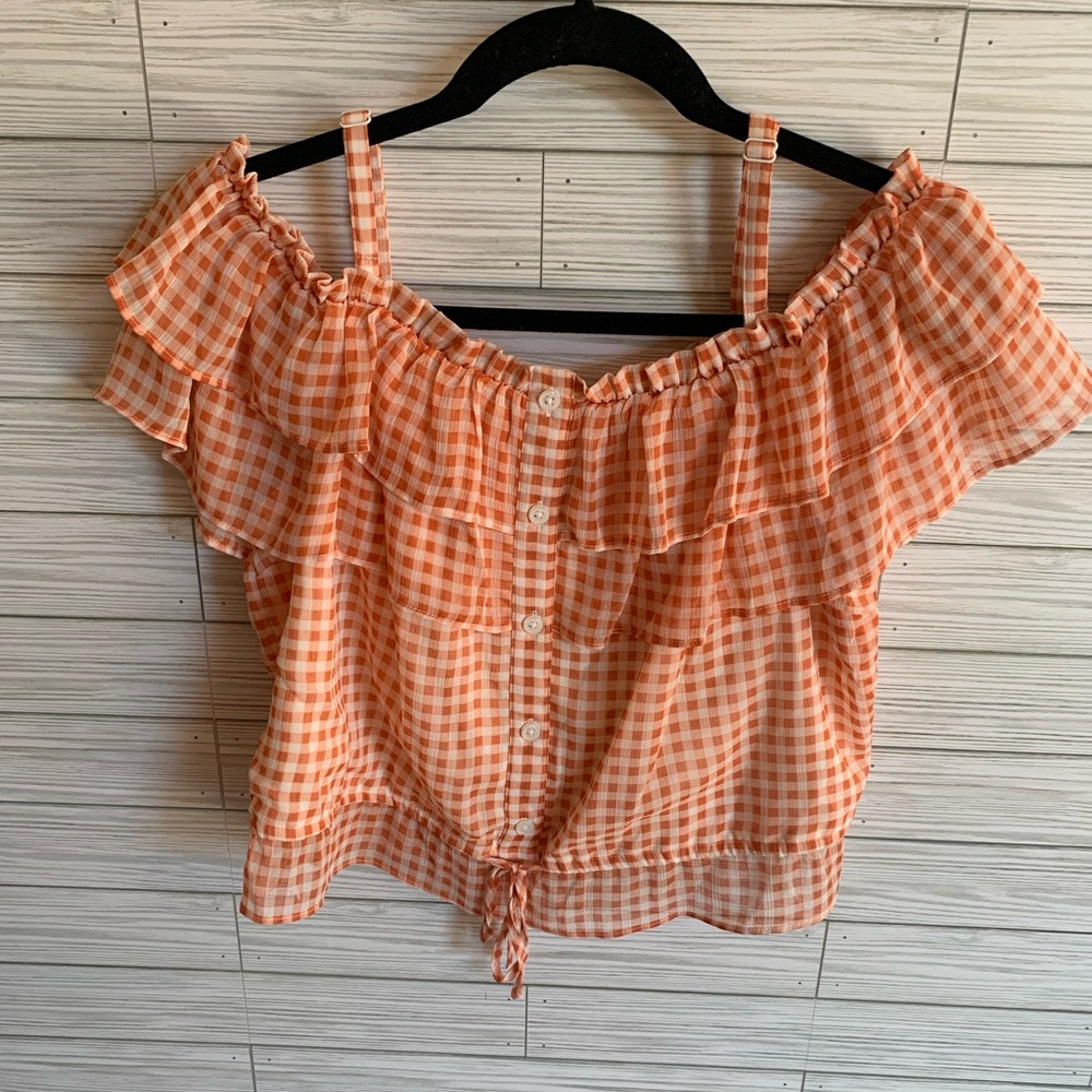 Lauren Conrad Orange Gingham Off-Shoulder Ruffle Top